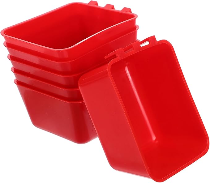 Happyyami 6pcs Hanging Bird Cage Feeding Cups with Hooks, Red Plastic Poultry Water and Food Bowls for Parrots, Chickens, Rabbits, Pigeons, Indoor Coop Feeder Supplies