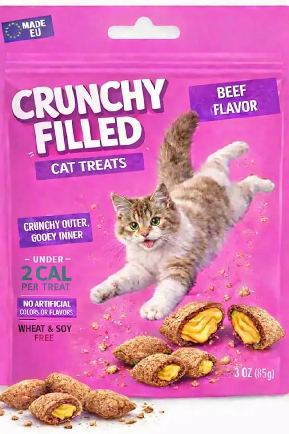 Calming Cat Treats for Indoor Cats – Crunchy Pillow Bites Gooey Center – Beef Low Calorie Kitty Treats – Cat Snacks Food Topper Wheat Soy Free Healthy Dental – 3oz (Packaging May Vary)