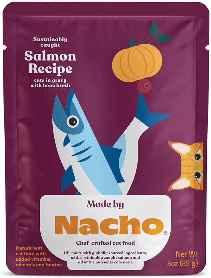 Made by Nacho Wet Cat Food, Cuts in Gravy, Sustainably-Caught Salmon with Bone Broth for Extra Hydration, (12) 3 oz. Pouches, Limited Ingredients