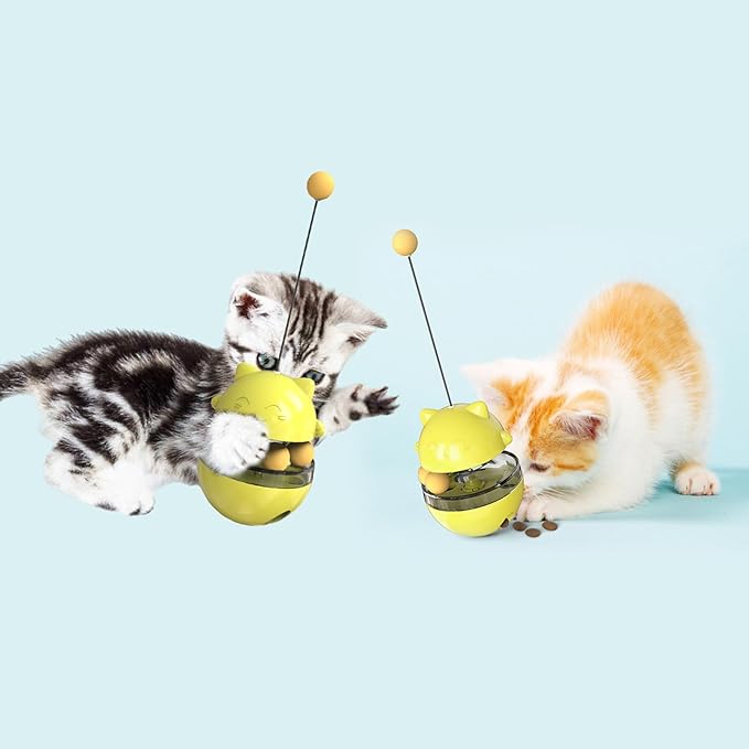 Cat Tumbler Interactive Treat Dispenser Toy, No-Electric Automatic Moving Cat Toy with Wand Ball, Slow Feeder & IQ Training Toy for Indoor Cats & Kittens, Yellow
