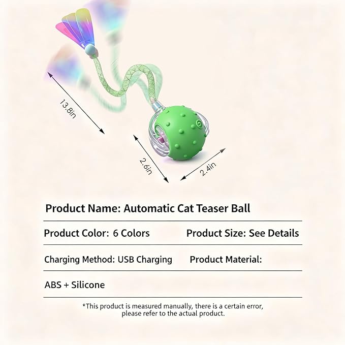 Interactive Cat Toys for Indoor Cats with 3 Interchangeable Tails - Automatic Moving & Chirping Ball, Self Play Toy for Playful Kittens & Bored Cats Home Alone (Green)