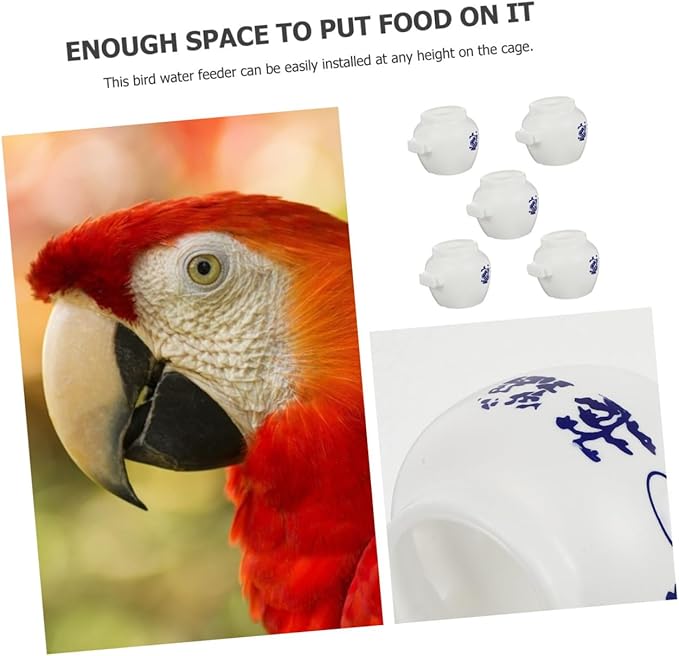 KALLORY 5pcs Large Round Parrot Food Bowls Set Blue and White Porcelain Style Bird Feeding Cups Water Holders Compatible Bird Cages for Parrots and Small