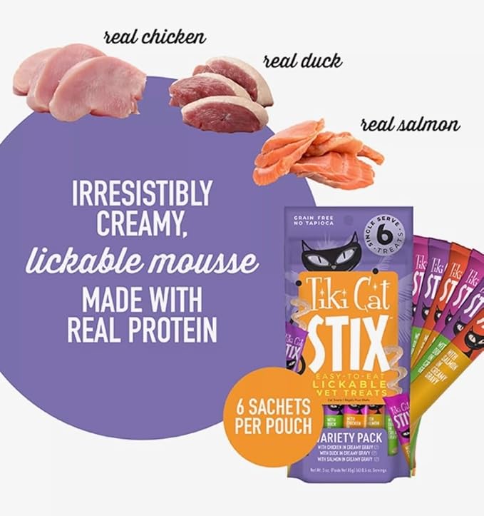 Tiki Cat Stix Mousse Treats, Single Serve Indulgent Lickable Treat, Variety Pack with Salmon, Chicken and Duck, 3 oz. Pouch, 6 Stix in 1 Pouch (Pack of 2), Plus 1 Cat Pom Pom Balls Toy