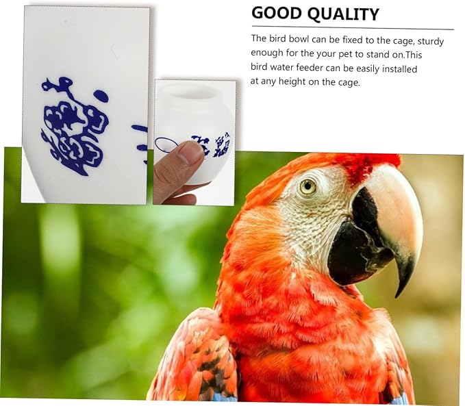 KALLORY 5pcs Large Round Parrot Food Bowls Set Blue and White Porcelain Style Bird Feeding Cups Water Holders Compatible Bird Cages for Parrots and Small