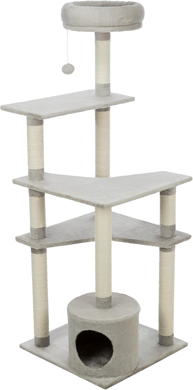 TRIXIE Seli Cat Tree – Cat Tower with Sisal Posts, Condo, Padded Platforms & Hanging Toy – Cat Furniture for Indoor Cats – Gray, 21.1" x 21.1" x 59.1"