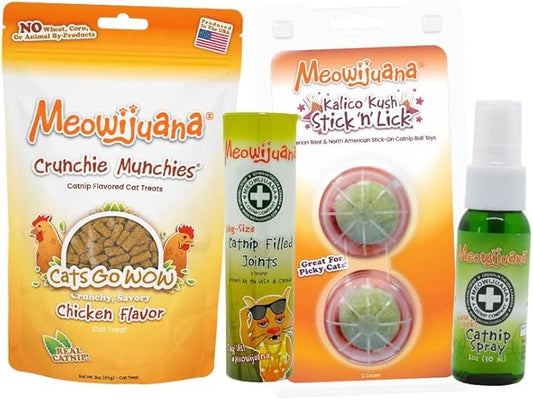 Meowijuana Sampler Stash #1 Bundle | Crunchie Munchie Chicken Treats, Kalico Kush Stick 'n' Lick, 1 oz Premium Catnip Spray and 3 ct Rollies | Promotes Play and Cat Health