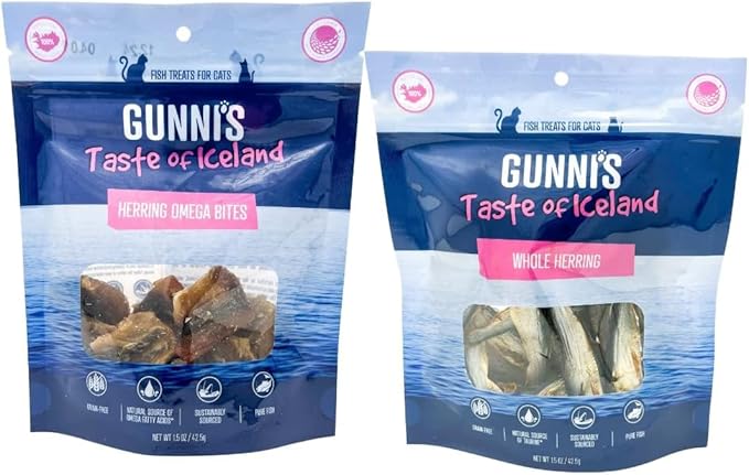Gunnis Cat Treats Variety Pack – Whole Herring & Omega Bites, 100% Natural Fish Treats, Single Ingredient, High Protein & Omega-3 Rich, Grain-Free, Two 1.5 oz Bags
