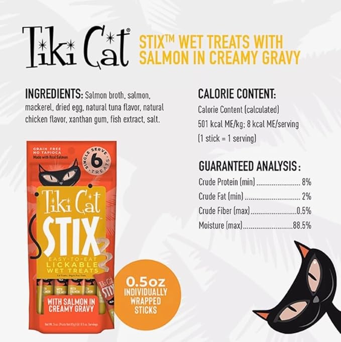 Tiki Cat Stix Wet Treats, Grain Free Lickable Smooth Mousse Blend with Salmon in Creamy Gravy 6 Stix in 1 Pouch (Pack of 2) with 1 Cat Pom Pom Ball Toy