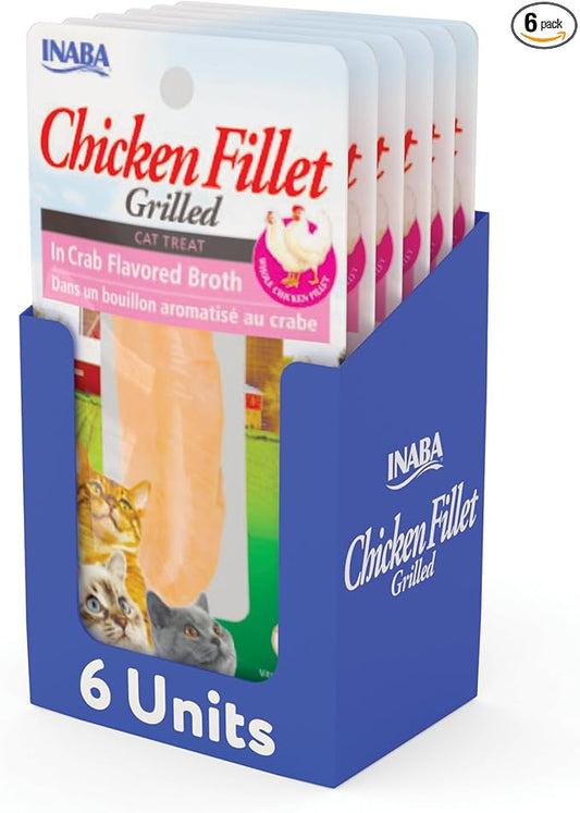INABA Premium Hand-Cut Grilled Chicken Fillet Cat Treats/Topper with Vitamin E and Green Tea Extract, 0.9 Ounces Each, Pack of 6, Crab Broth