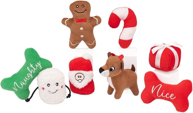 ZippyPaws Holiday Miniz - Interactive Dog & Puppy Toys for Boredom, Stimulating Pet Products to Keep Them Busy, Plush Refills for Hide & Seek Puzzle, Enrichment Squeaky Toys - Mixed 8 Pack