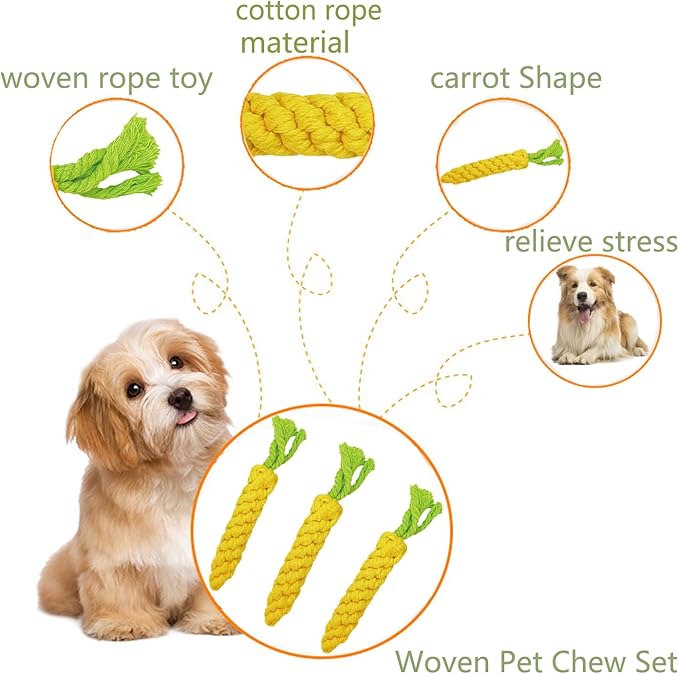 3PCS Yellow Carrot Pet Rope Toys,Cat Interactive Chews,Puppy Teething Chew Toys,Teeth Cleaning and Chewing for Dogs and Cats (Yellow-3pcs)