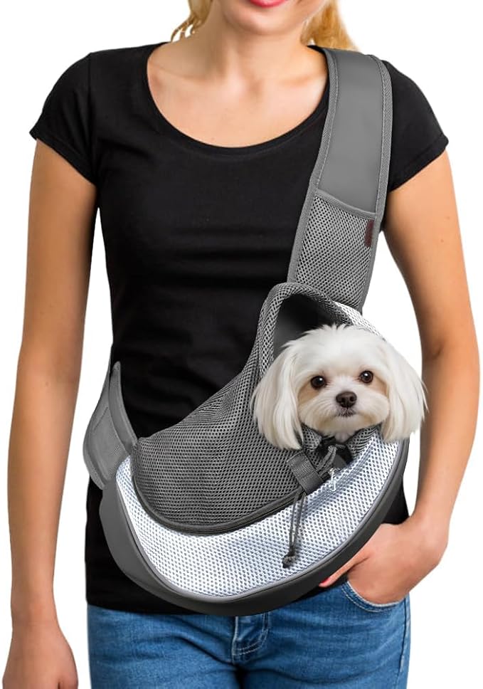 YUDODO Pet Sling Carrier for 2-5 lbs Small Dogs & Cats – Hands-Free Puppy Carrier with Safety Hook, Large Zipper Pocket, Soft Breathable Mesh, Adjustable Strap & Reflective Strip (Gray 1.0 S)