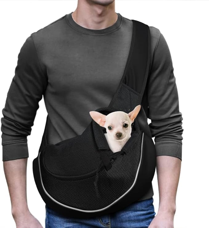 YUDODO Pet Sling Carrier for 5-9 lbs Small Dogs & Cats – Hands-Free Puppy Carrier with Safety Hook, Large Zipper Pocket, Soft Breathable Mesh, Adjustable Strap & Reflective Strip (Black 2.0 M)