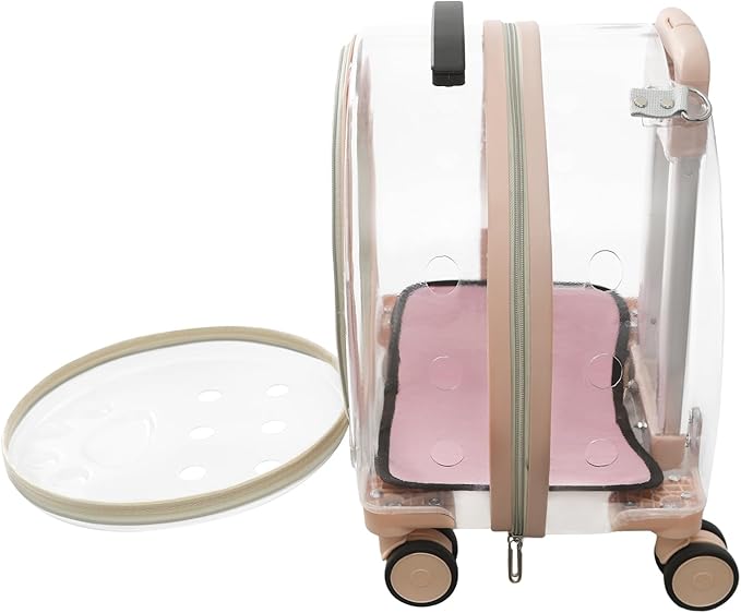 Cat Carrier with Wheels Transparent Hard Cat Carrier with Soft Mat Pet Trolley Case Pet Backpack for Cats Small Dog, 15.7" X 10.6" X 17.7" (Pink)
