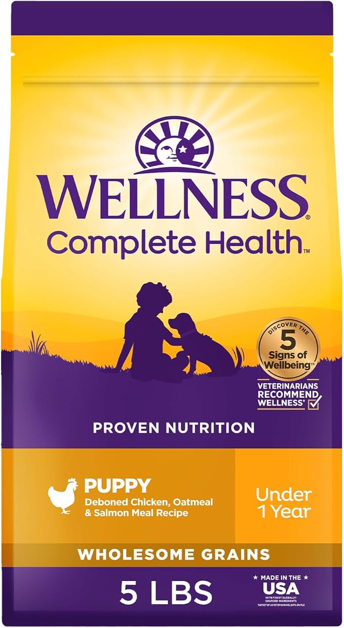 Wellness Complete Health Puppy Dry Dog Food, Wholesome Grain Kibble, Natural, Chicken, Oatmeal, and Salmon Recipe, 5 lb Bag