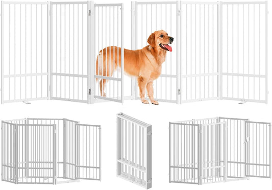 Full Metal Freestanding Dog Gate with Door, 32''Height Foldable Pet Dog Fence for Indoor & Outdoor, 6 Panels Extra Wide Free Standing TallDog Gates for Doorways,House,Stairs,Porch,Deck,Yard