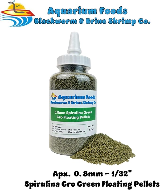 0.8mm Micro Spirulina Green Gro Floating Pellets for Guppies, Tetras, Bettas, Nano Fish, All Baby Fish…3.7oz Squeeze Bottle