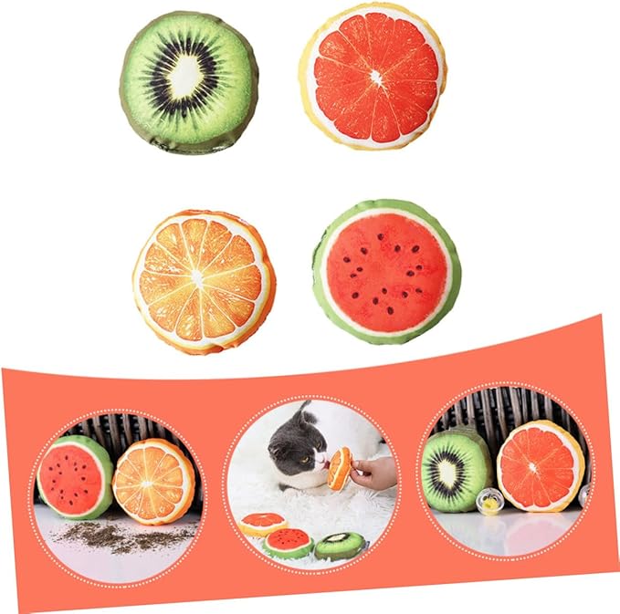 TOYANDONA Fruit-Shaped Catnip Set with Bells, Indoor Cat Teething Kitten Chew for Self-Amusement and Interactive Play, 4pcs Colorful Catnip Fruit