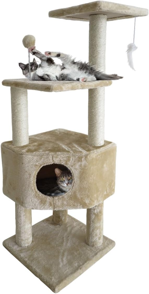 Furhaven Tiger Tough Cat Tree Soft Clubhouse Playground w/ Toys & Condo - Cream, One Size