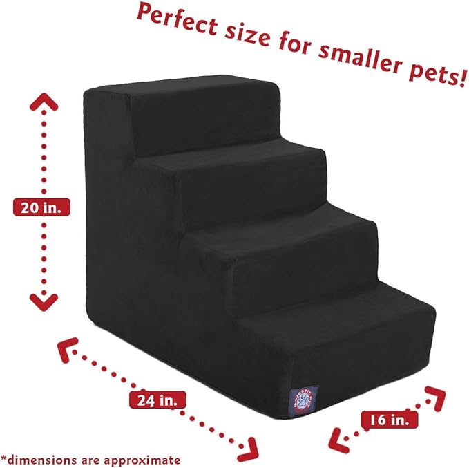 Majestic Pet 4 Step Portable Dog Stairs for Small Dogs to get on Bed Supports 25 lbs or Less – Dog Steps for High Bed with Machine Washable Cover – Pet Stairs for Cats Suede Black