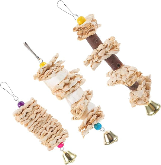 Milisten 3Pcs Natural Straw Woven Parrot Chew Bird Hanging Biting for Parakeets Parrots Engaging Bird Cage Accessories for Chewing Enrichment