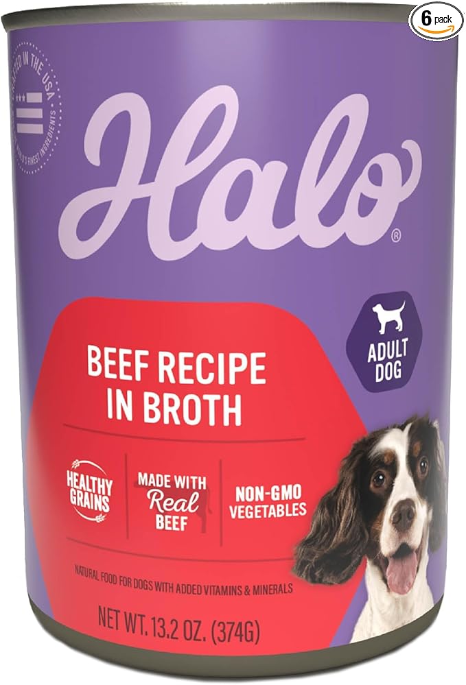 Halo Wet Dog Food Whole Beef Stew Recipe, Healthy Grains Real Meat Canned Dog Food, Meal or Topper, 13.2 Oz Can (Pack of 6)