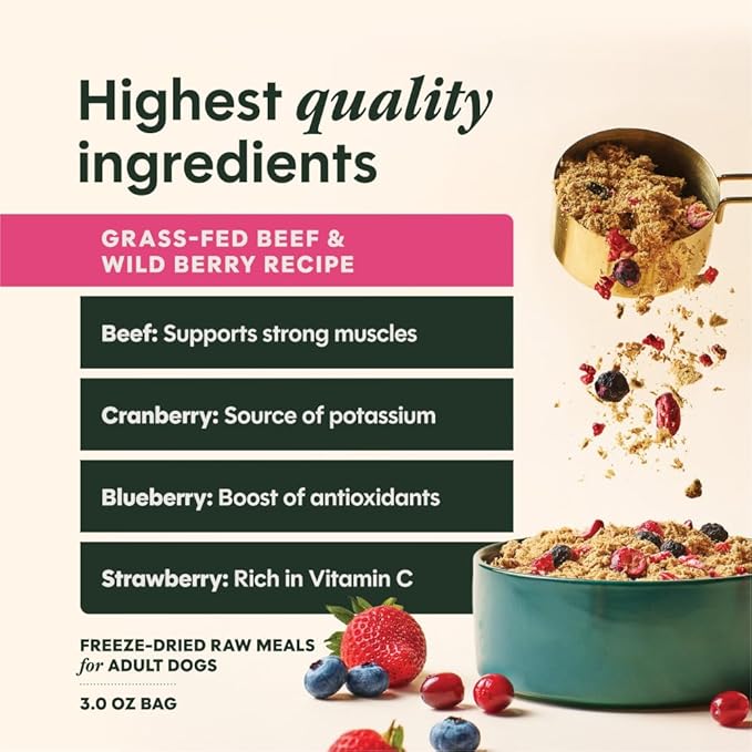Instinct FreshDried Meal Blends, Freeze Dried Dog Food, Grain Free - Beef & Wild Berries Blend, 3 oz. Bag (Pack of 2)