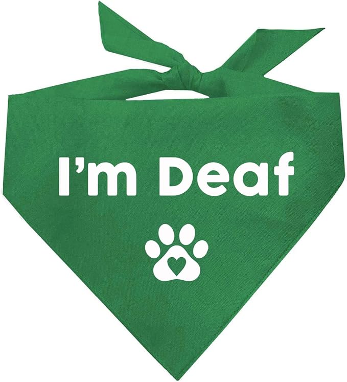 I'm Deaf Dog Bandana | 100% Adjustable Cotton Triangle | Made in USA | Deaf | Impaired | Hearing Loss Accessory | Warning | (Green, XS 412)