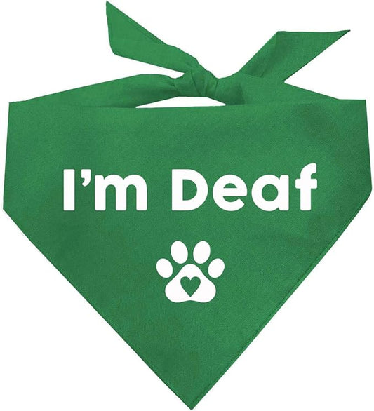 I'm Deaf Dog Bandana | 100% Adjustable Cotton Triangle | Made in USA | Deaf | Impaired | Hearing Loss Accessory | Warning | (Green, XS 412)