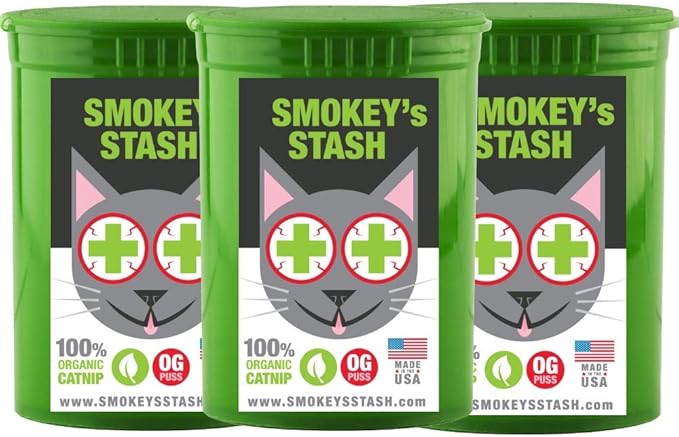 Smokey's Stash Catnip – 100% Natural Premium Catnip for Cats –Fresh, Potent & Aromatic – Encourages Play, Reduces Boredom for Indoor Cats & Kittens – Grown in North America – Pop Top Can (3 Pack)