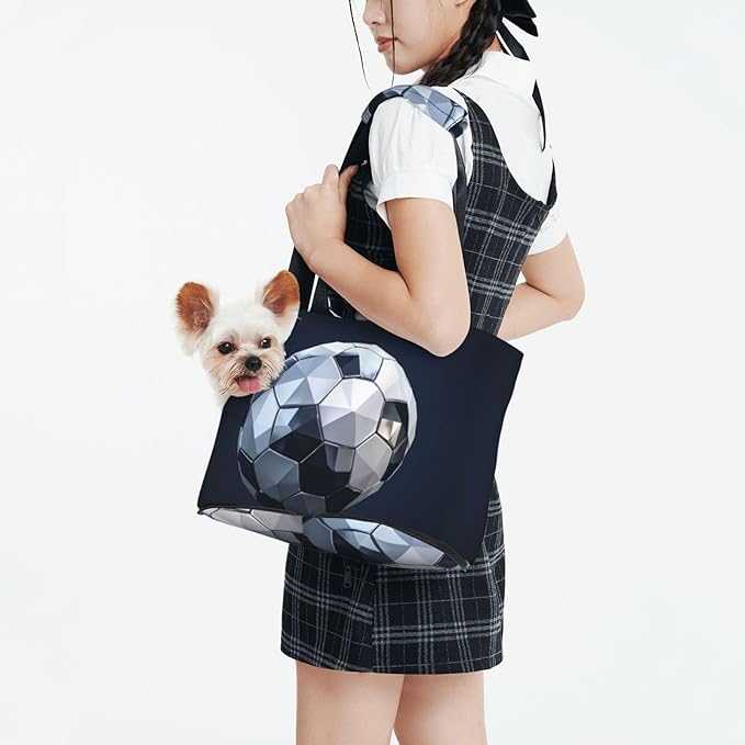 Foldable Pet Carrier Sling - Waterproof Small Dog & Cat Travel Polygonal Soccer Ball Tote with Safety Hook for Hiking