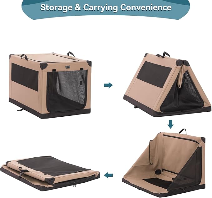 PETSFIT 26" Soft Portable Dog Crate – Patented Spiral Sturdy Frame, Collapsible Travel Kennel for Small Dogs, 3 Mesh Door, Lockable Zippers, Indoor & Car Use Khaki
