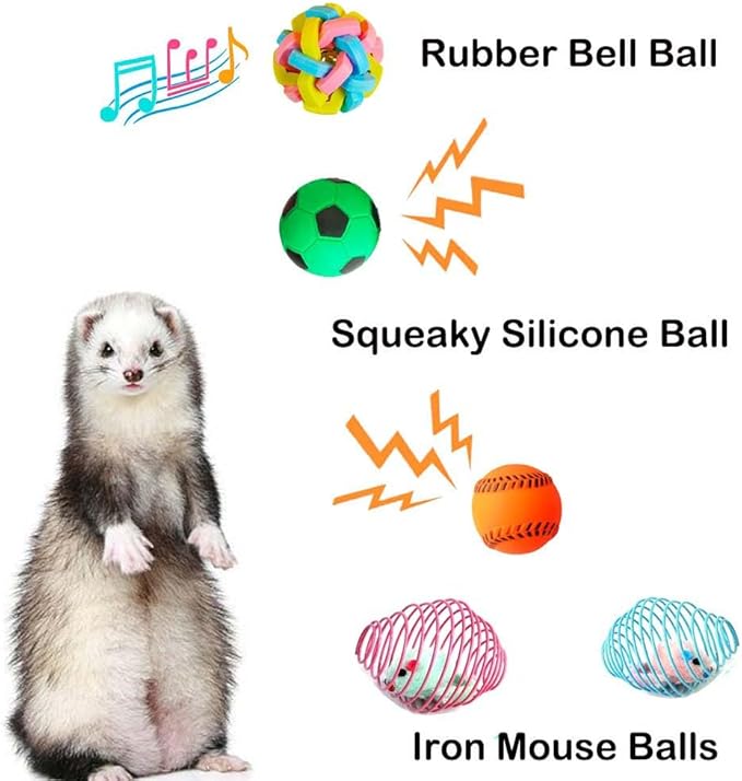 12 pcs Ferret Squeaky Toy Balls Squeaker Toys Teething Colorful Bouncy Rubber Bell Balls Mylar Crinkle Interactive Sound Toy Exercise Scratch Chew Toys for Ferrets Pet Cat Dogs