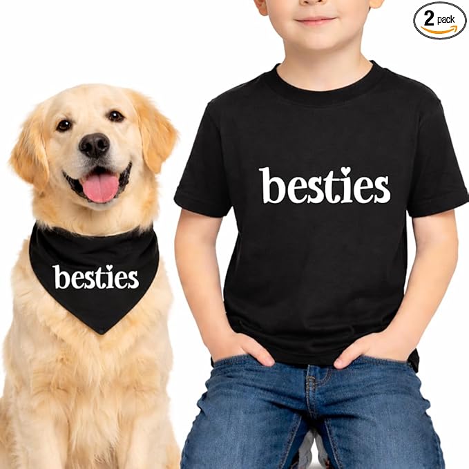 Besties Best Friends Matching Set Dog Bandana & Youth Unisex Kids Short Sleeve Tee Shirt Black, X-Small(4-6) 552