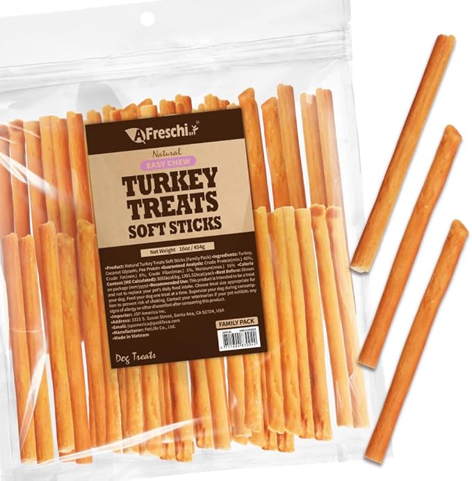 A Freschi srl Soft Turkey Dog Treats, USA-Sourced Trukey, All-Natural, Hypoallergenic, High-Protein, Low-Fat, Healthy & Easily Digestible, Puppy & Training Snack, Stick 16oz