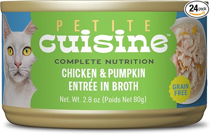 PETITE CUISINE Whole Foods Wet Cat Food, Chicken & Pumpkin Entree in Broth, 2.8 oz. Can (24 Count)