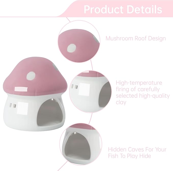 AnRui Ceramic Mushroom Aquarium Decor Cute Mini House Betta Fish Tank Accessories Decoration Hideaway Hideout Cave Ornament for Small Fish, Shrimp, Goldfish and Reptiles (Pink, Large)