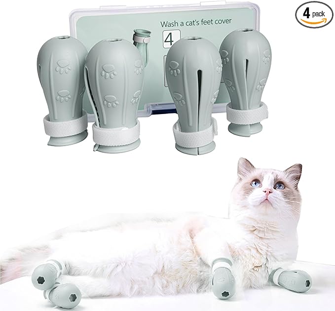 4 Pieces Cat Scratch Cover for Nursing Rehabilitation Cat Boots for Cats Only, Adjustable Cat Bathing Gloves (Grey)