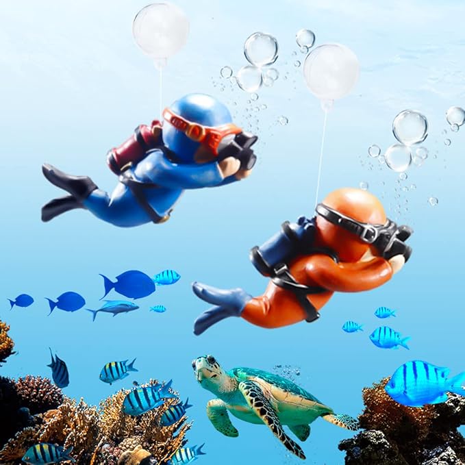 2 Pack Fish Tank Decorations, Aquarium Ornaments Diver with Floating Device Aquarium Accessories Fishes Pet Toys for Freshwater Saltwater Aquarium (2Pcs Orange)