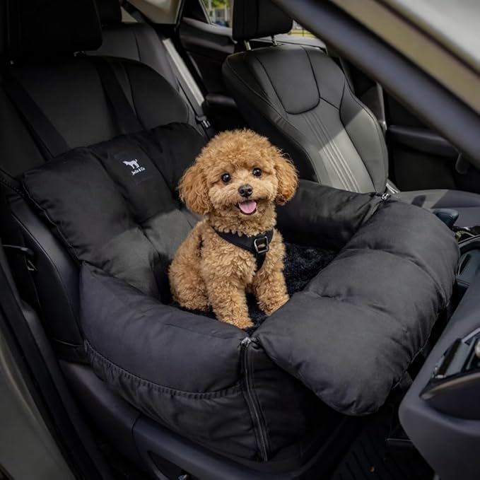 JACKO & CO Premium Dog Car Seat – Safe & Cozy Travel Bed Carrier for Small Dogs, Puppies, Pets, Clip-On Leash, Storage Pockets, Water-Resistant, Machine Wash (Black, Removable - Small (1-25lbs))
