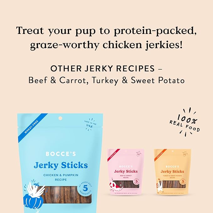 Bocce's Bakery Jerky Stick Dog Treats, Wheat-Free, Made with Limited-Ingredients, Baked in The USA with No Added Salt or Sugar, Natural & High-Protein, Chicken & Pumpkin, 4 oz (Pack of 12)