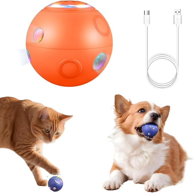 Upgraded Automatic Cat Ball Dog Toy, Smart Rolling Ball Toy for Dog Cat, Electric Balls for Self Moving Interactive Cat Toys (Orange)