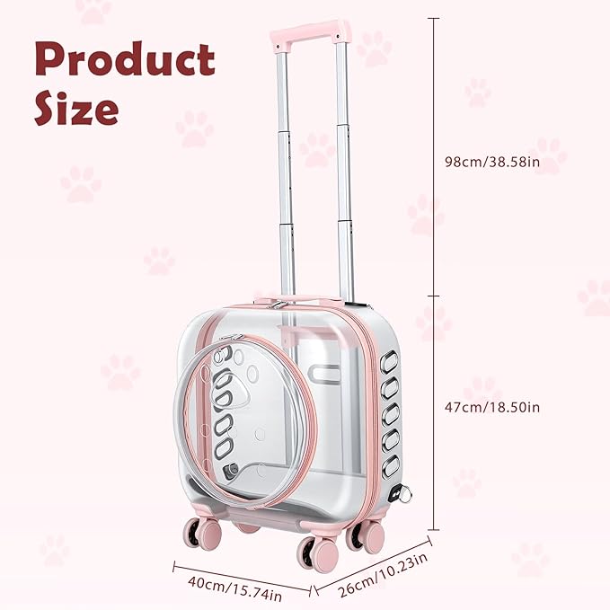 Cat Carrier Hard Shell Transparent Pet Trolley Box with Wheels, Pet Rolling Backpack with Telescopic Handle, Detachable Shoulder Strap, for Travel Outdoor Pink