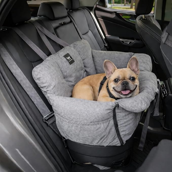 JACKO & CO Premium Dog Car Seat – Safe & Cozy Travel Bed Carrier for Small Dogs, Puppies, Pets, Clip-On Leash, Storage Pockets, Water-Resistant, Machine Wash (Grey, Removable - Medium (25-40lbs))