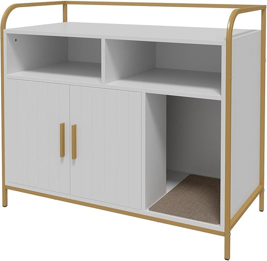 Garvee Cat Litter Box Enclosure Furniture Wooden Hidden Indoor Cat Washroom House Cabinet with 2 Open Compartments Scratching Mat Double Door Storage Cabinet Front Entry Air Vents Metal Frame