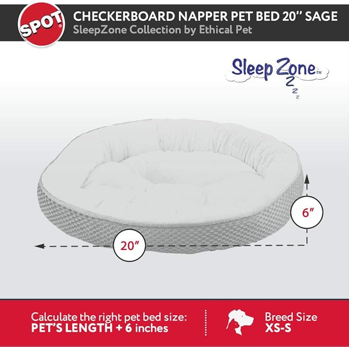 SPOT Sleep Zone Plush Checkerboard Texture Lounger, Cuddler, Napper Dog Bed - Non-Woven Bottom - 20X20 Inches/Sage/Attractive, Durable, Comfortable, Washable