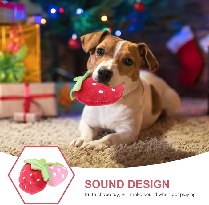 Beavorty Strawberry Squeaky Dog Toy 3.54 Inch Fruit Shape Pet Chew Toy for Puppies Cats 2 Pack Rubber Plaything to Reduce Destructive Chewing