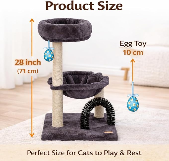 Simple Deluxe 27.8" Small Cat Tree with Easter Eggs,Multi-Level Cute Cat Tree with Scratching Post| Plush Hammock| Perch| Random 3 Pcs Easter Eggs| Groomer Brush for Kittens Play & Rest