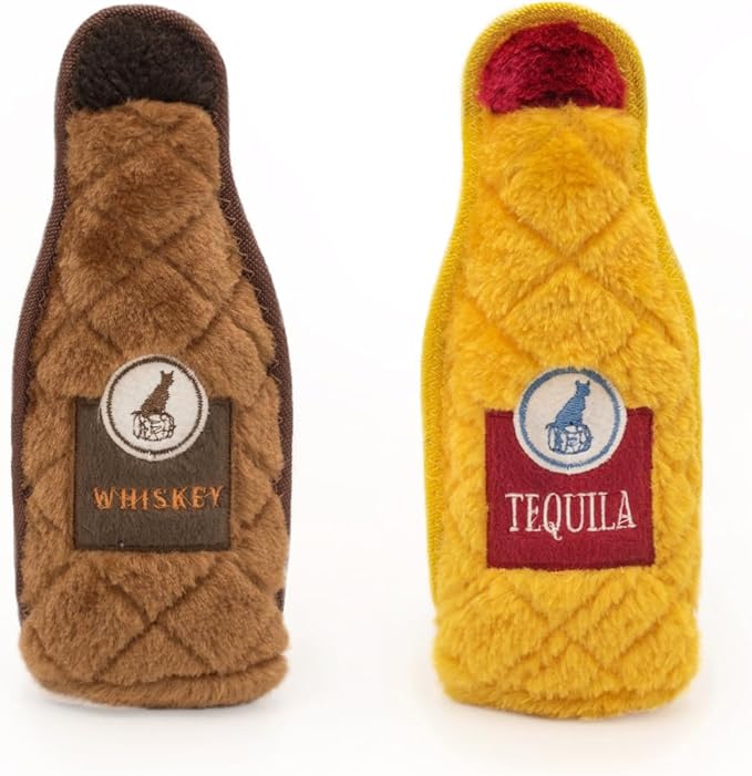 ZippyPaws Z-Stitch® Happy Hour Crusherz 2-Pack - Whiskey and Tequila, Funny Dog Toys for Aggressive Chewers, Durable Plush Alcohol Puppy Toys, Squeaky Toys for Dog Birthday