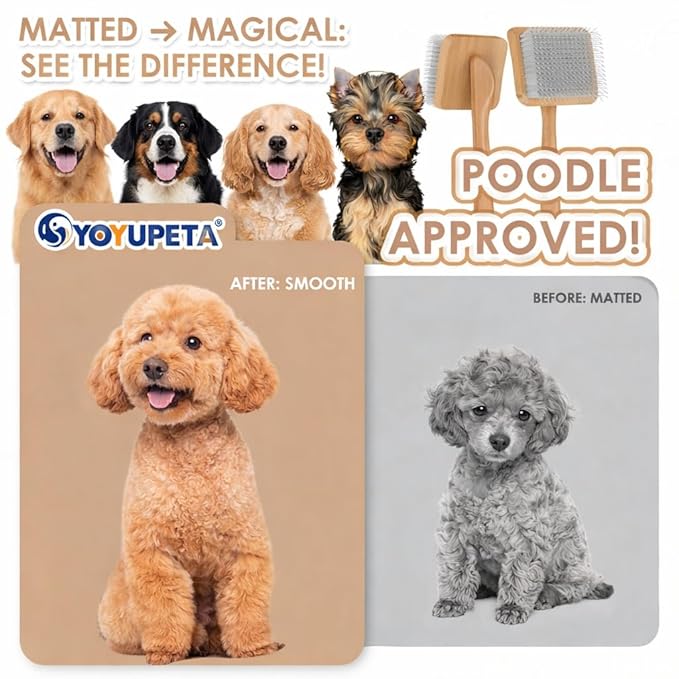 Dog Slicker Brush for Goldendoodles & Poodles - 3-in-1 Dematting Kit with Long Pin Slicker Brush & Dematting Comb - Deep Grooming Tool for Long Haired, Curly Coats, Wooden Handle, Natural